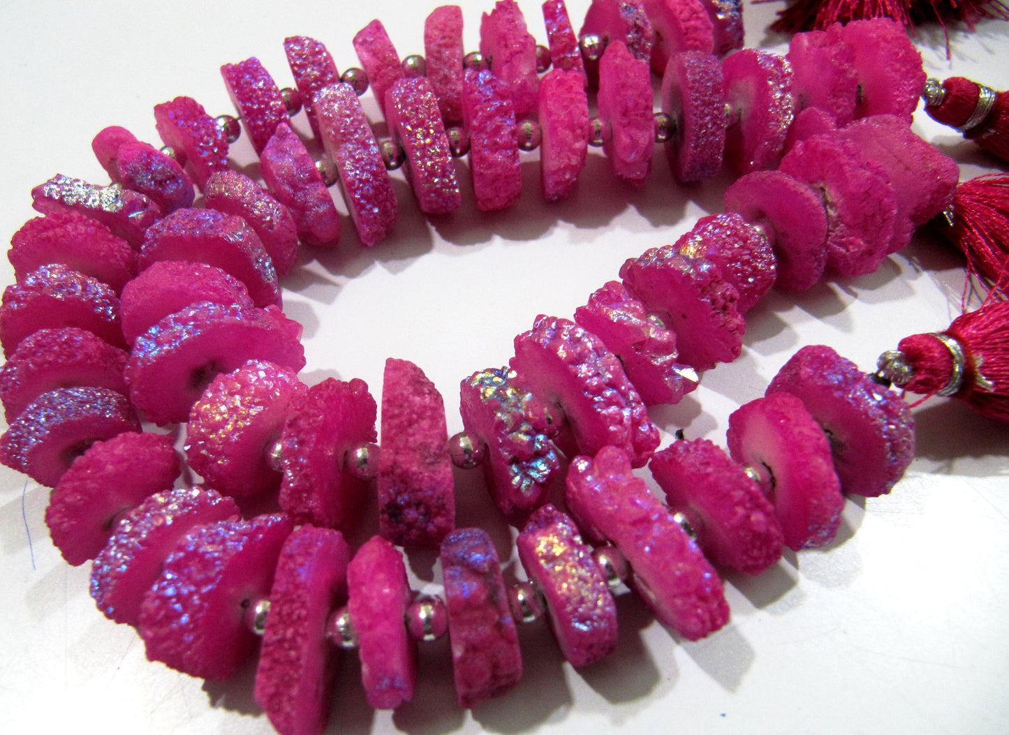 Ruby Color Solar Quartz Slice Disc Sparkling Beads 13-17mm Size Each Strand 8 inches long with approx. 25 to 30 Beads /Hot Pink Druzy Beads