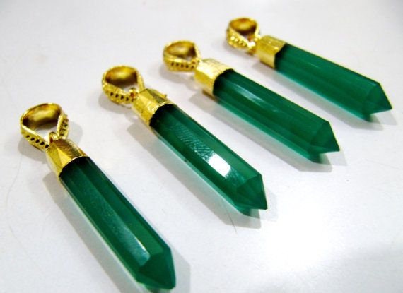 Natural Green Onyx Gemstones Pointed Pencils with 24 Kt Gold Electroplated Cap and designer Gold Plated Bail Pencil Shape Charms per piece
