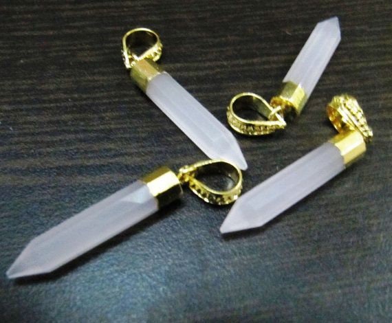 Natural Rose Quartz Pencil Shape Pointed Charms, 30To40mm Gold Electroplated Pendant, Faceted Fancy shape charm with Designer Loop per piece