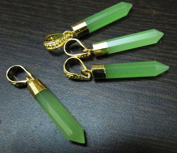 Green Chalcedony Pencil Shape Pointed Charms, 30 To 40mm Gold Electroplated Pendant, Faceted Fancy shape charm with Designer Loop per piece