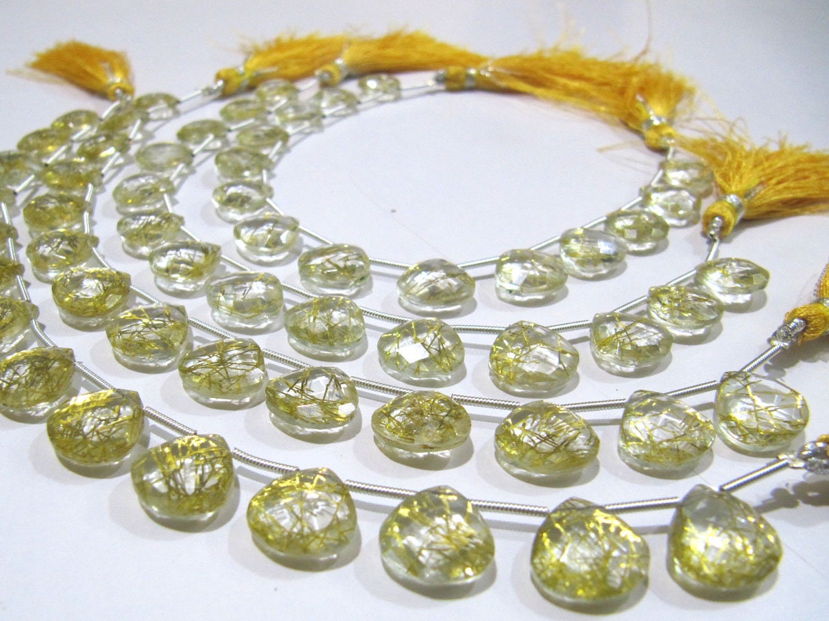 Golden Rutilated Hydro Quartz Heart Shape 11-12 mm Briolette Beads Strand 8 Inch Long Golden Color Heart Shape Beads