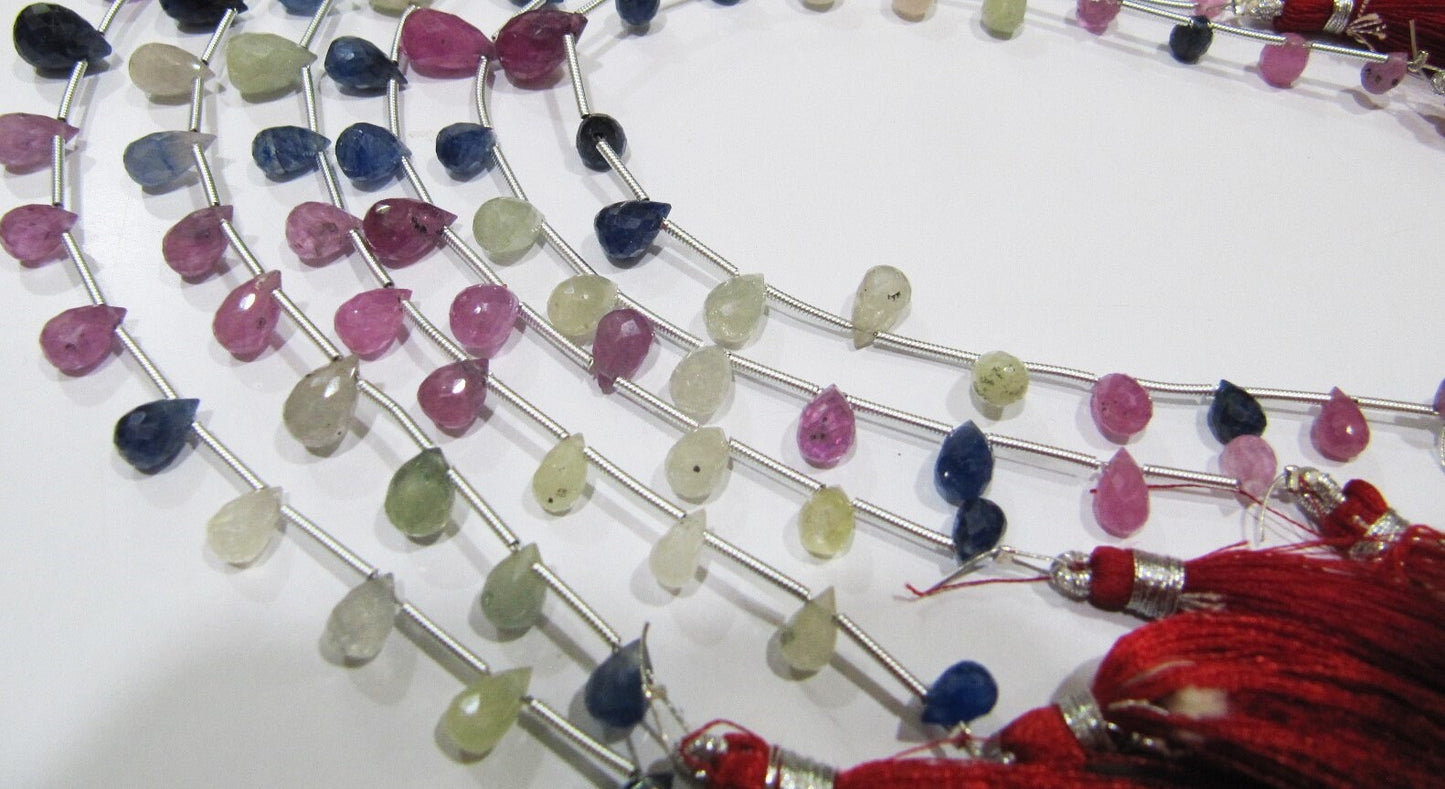 Natural Precious Genuine Multi Sapphire Tear Drop Briolette Beads, Sapphire Size Approx 4x6mm To 7x10mm, Strand 8 Inches long