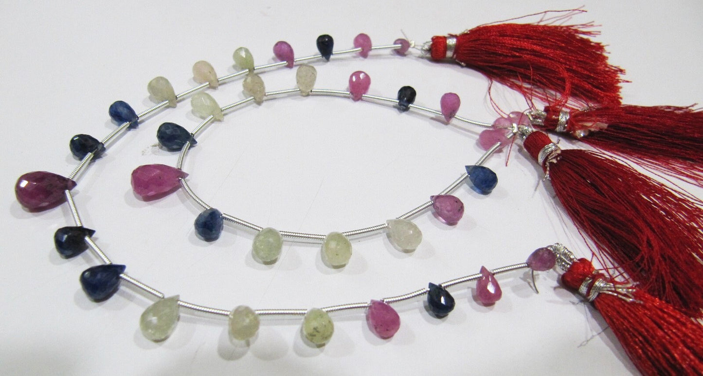 Natural Precious Genuine Multi Sapphire Tear Drop Briolette Beads, Sapphire Size Approx 4x6mm To 7x10mm, Strand 8 Inches long