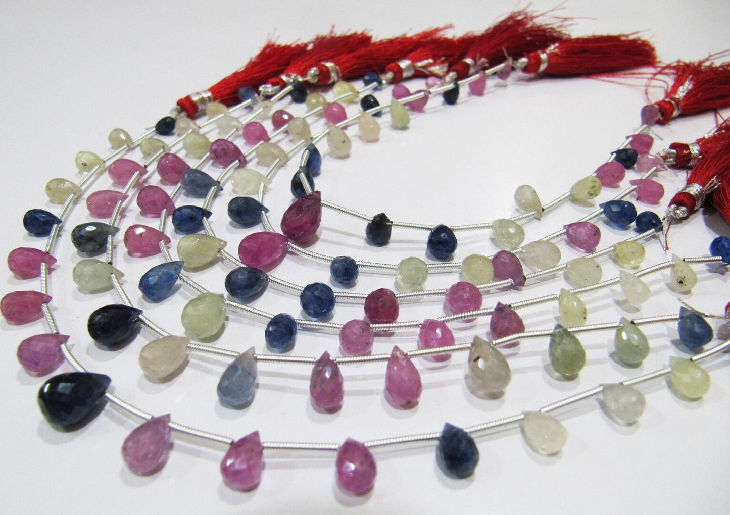 Natural Precious Genuine Multi Sapphire Tear Drop Briolette Beads, Sapphire Size Approx 4x6mm To 7x10mm, Strand 8 Inches long