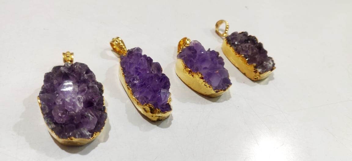 Natural Amethyst Raw Druzy Pendant , 24 Kt Gold Electroplated FreeForm Shape Druzy Size 30to40mm Pendant , Unique And Rare Gemstone Jewelry