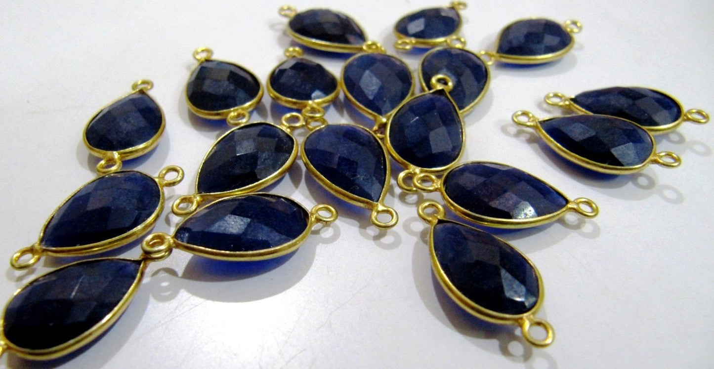 Blue Sapphire Pear Shape briolette Connectors 11x16mm charms Stone Double Loop Bezel Jewelry pendants sold per piece