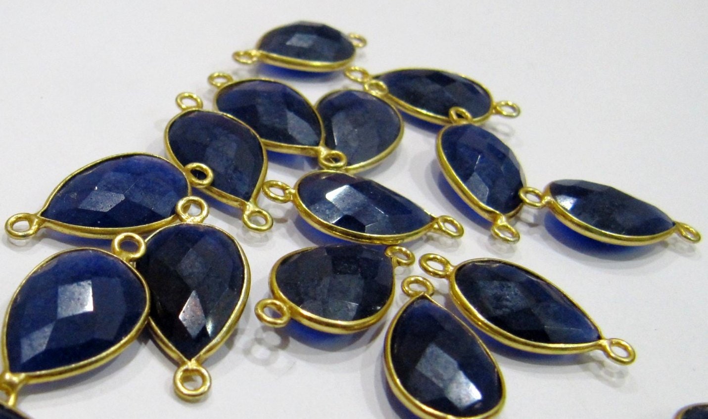 Blue Sapphire Pear Shape briolette Connectors 11x16mm charms Stone Double Loop Bezel Jewelry pendants sold per piece