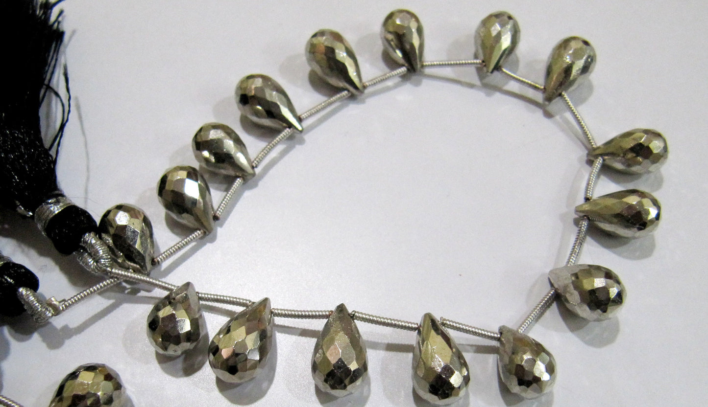 Natural Silver Coated Pyrite Drop Shape Briolette Beads 8x12mm to 8x14mm Top Quality Gemstone Beads Strand 8 inch Long Jewelry beads