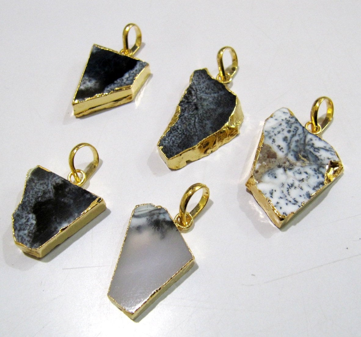 2 Pcs Set-Natural Dendrite opal Slice Pendant Free Form Connector Charm With 24K Gold Electroplated Edge Single Loop 1 inch approximately