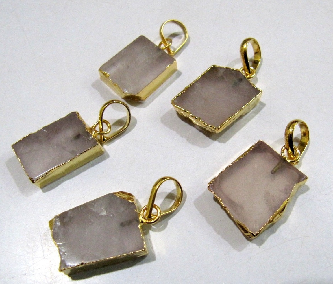 2 Pcs Set-Natural Rose Quartz Slice Pendant Free Form Connector Charm With 24K Gold Electroplated Edge Single Loop 1 inch approx