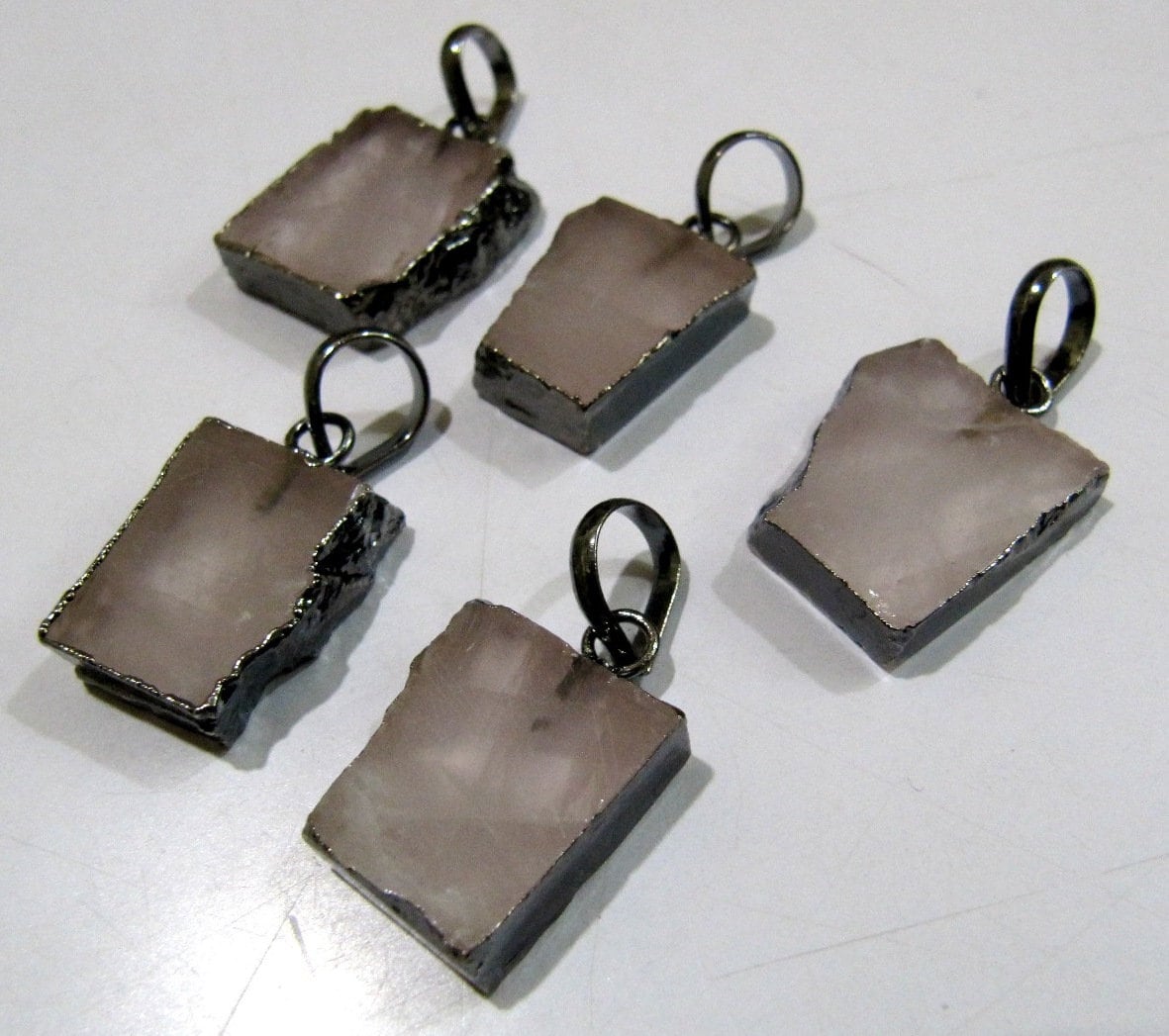 2 Pcs Set-Natural Rose Quartz Slice Pendant Free Form Connector Charm With Black Oxidized Electroplated Edge Single Loop 1inch approx