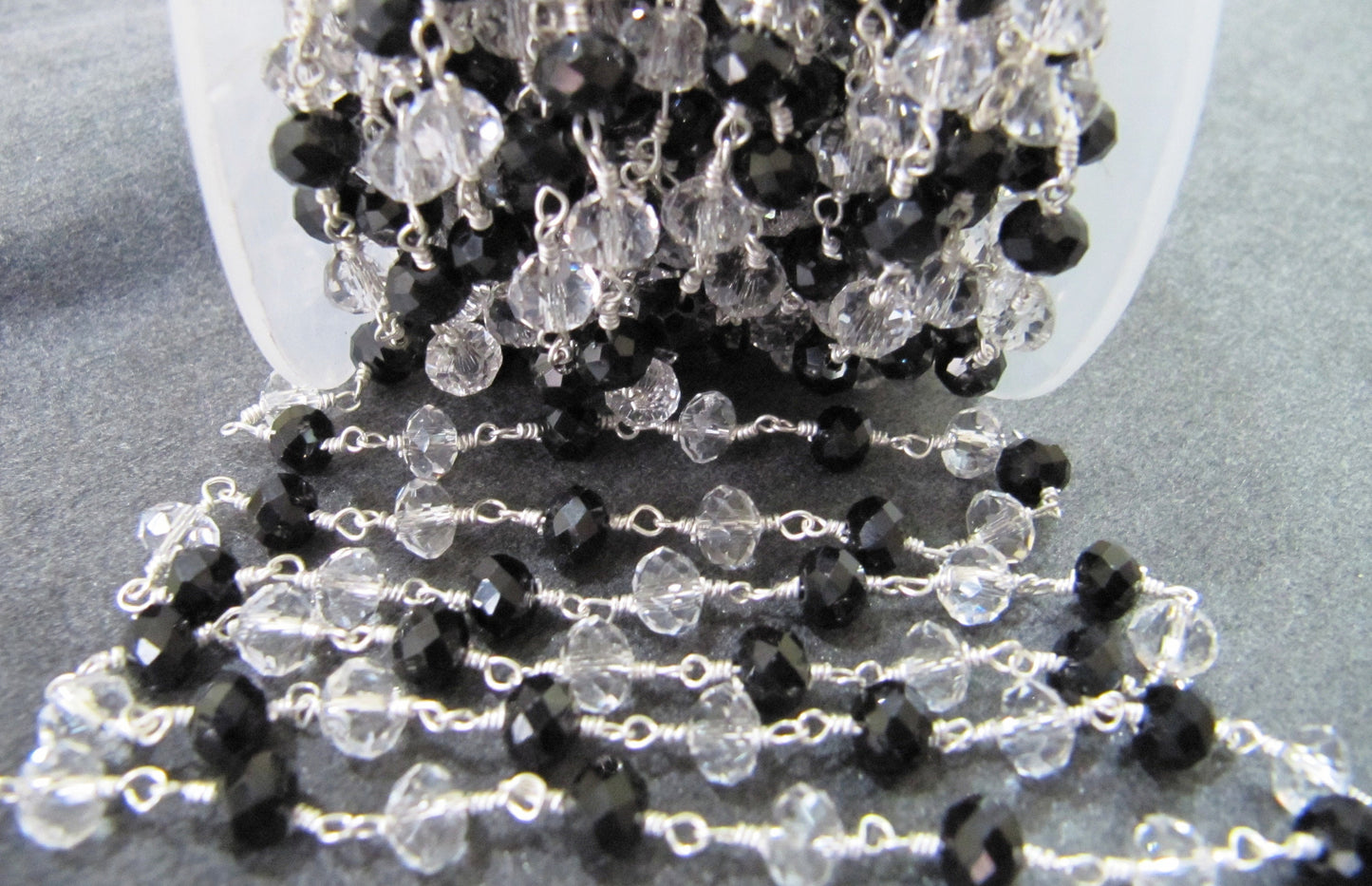 1 Foot -: Clear Quartz and Black Spinel Rondelle Faceted 6mm Size Beaded Wire Wrapped Rosary Chain in Wholesale Rates Handmade Chain