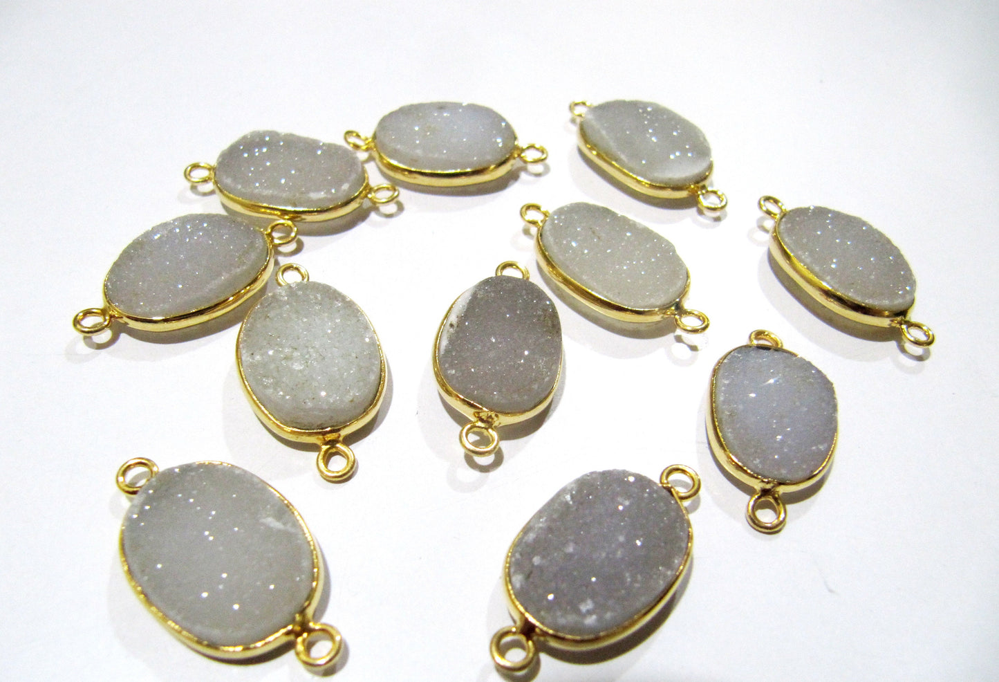 Set Of 2 Piece Natural White Druzy Oval Shape Connector 10x15mm to 14x20mm Bezel , Gemstone Connector Double Loop Bezel Wholesale Prices