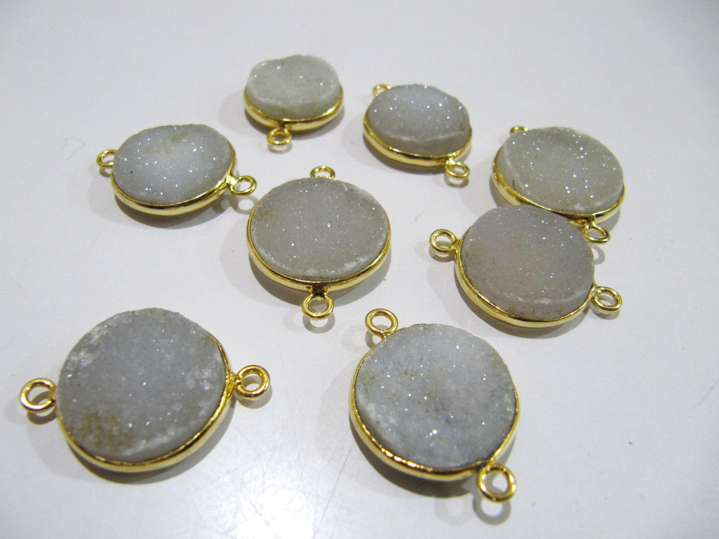 Set Of 2 Piece Natural White Druzy Round Shape Connector Bezel 16-17mm to 18-19mm , Gemstone Connector Double Loop Bezel Wholesale Prices