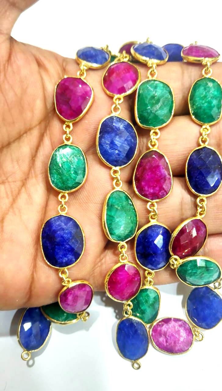 Ruby Emerald Sapphire 12 to 15mm Briolette Connector Bezel Chain Gold Plated Free shape handmade Multi color Bezel chain sold per foot