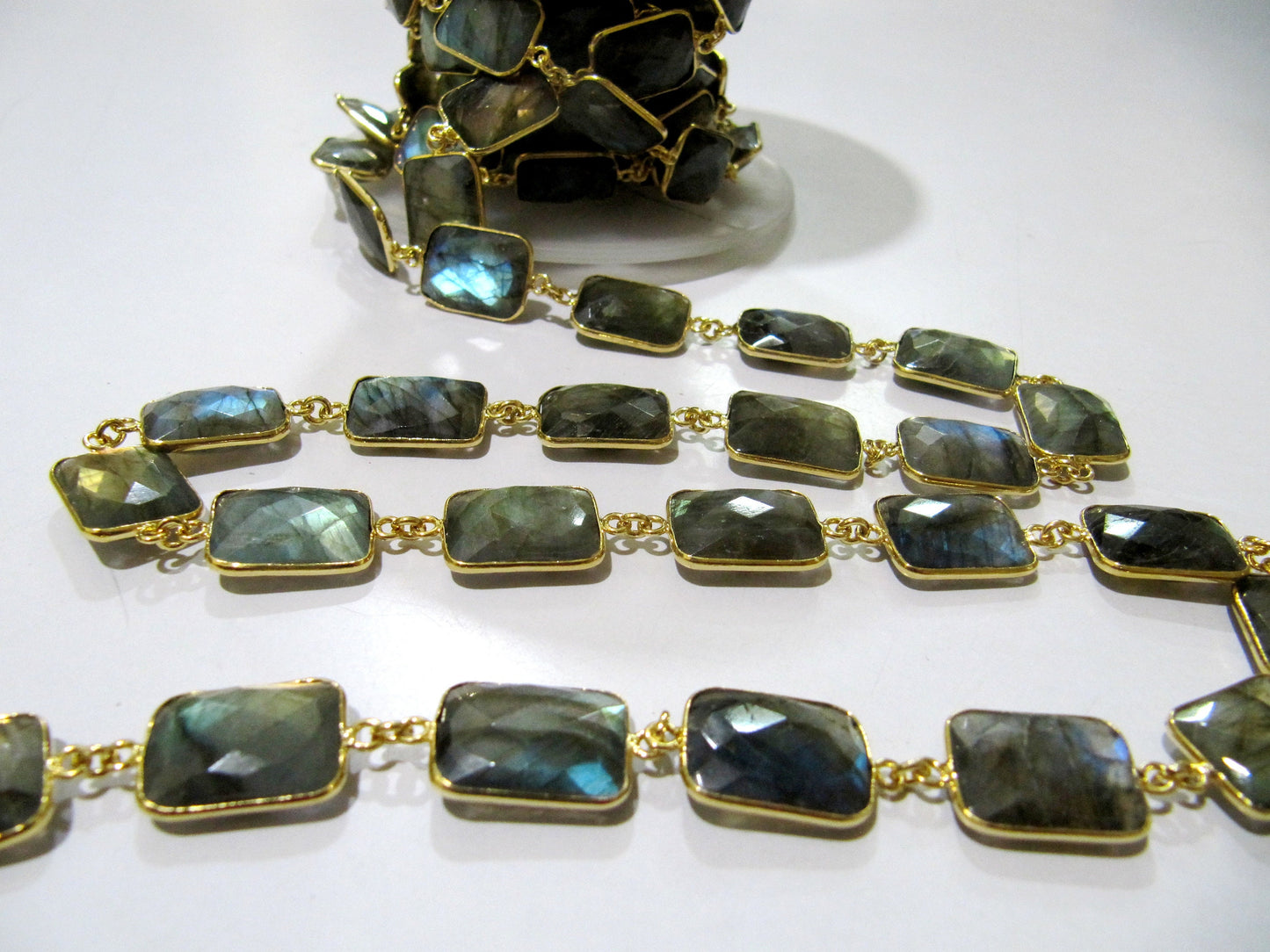 Natural Labradorite Cushion Shape Briolette faceted Bezel Connector Chain 13x17mm Gold Plated Sold Per Foot High Quality Wholesale price