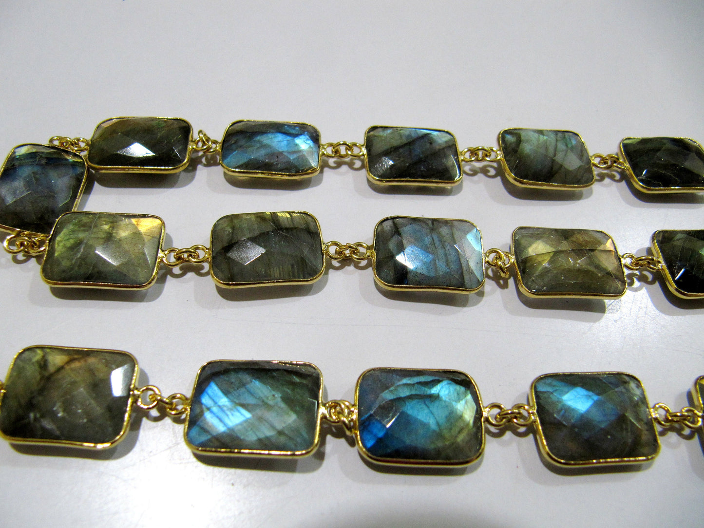 Natural Labradorite Cushion Shape Briolette faceted Bezel Connector Chain 13x17mm Gold Plated Sold Per Foot High Quality Wholesale price