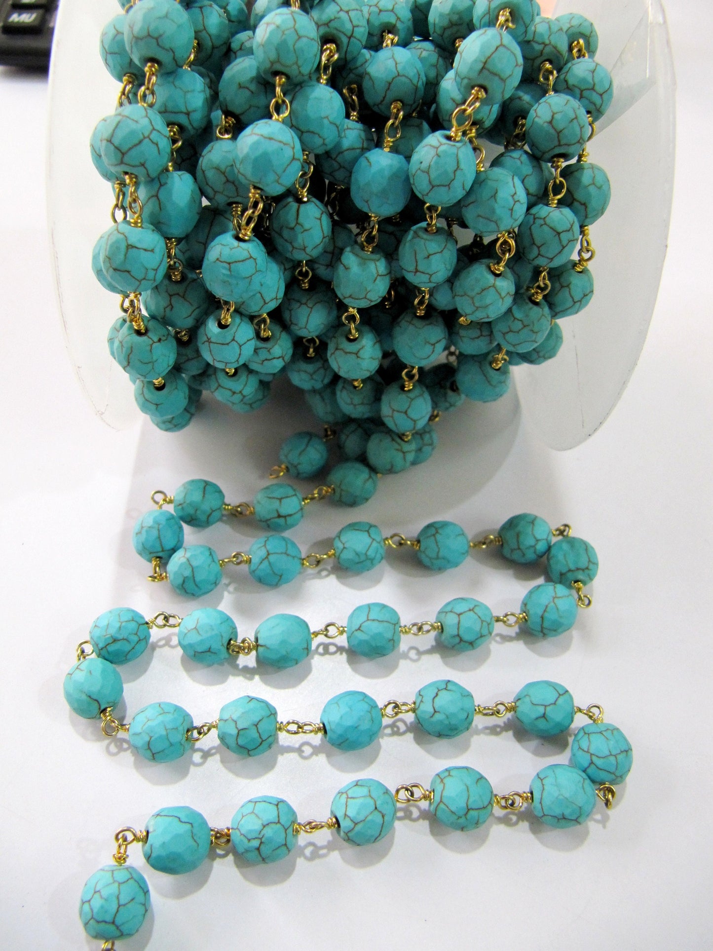 Turquoise Round faceted 10mm beads Rosary Chain Handmade Beaded Gemstone Chain Wire Wrapped Chain Wholesale sold per foot Gold Plated