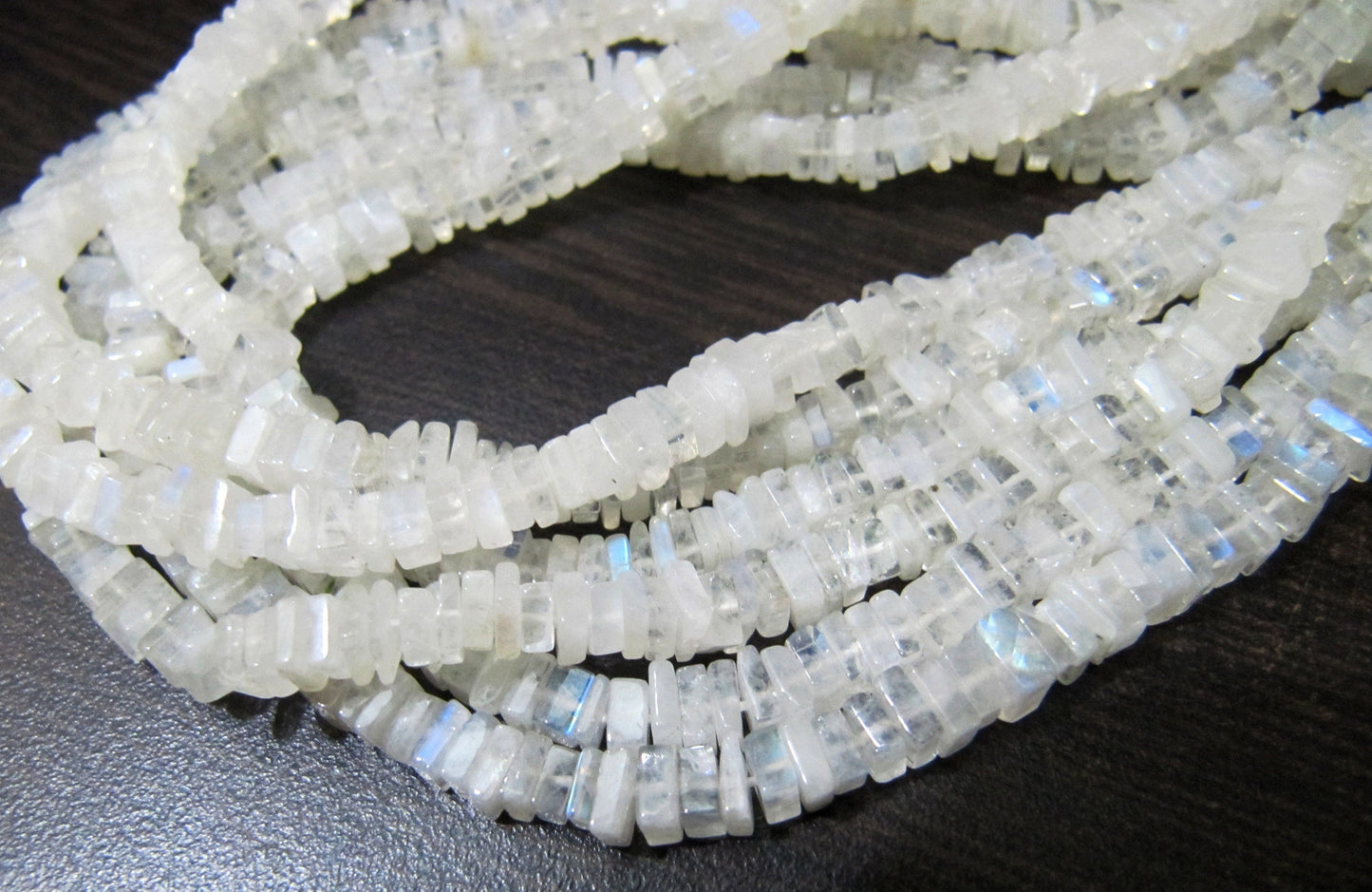 Top Quality Natural Rainbow Moonstone Heishi Cut Beads / Blue Flashy White Moonstone 4-5mm Size Beads / Strand 8 inch / Square Shape Beads