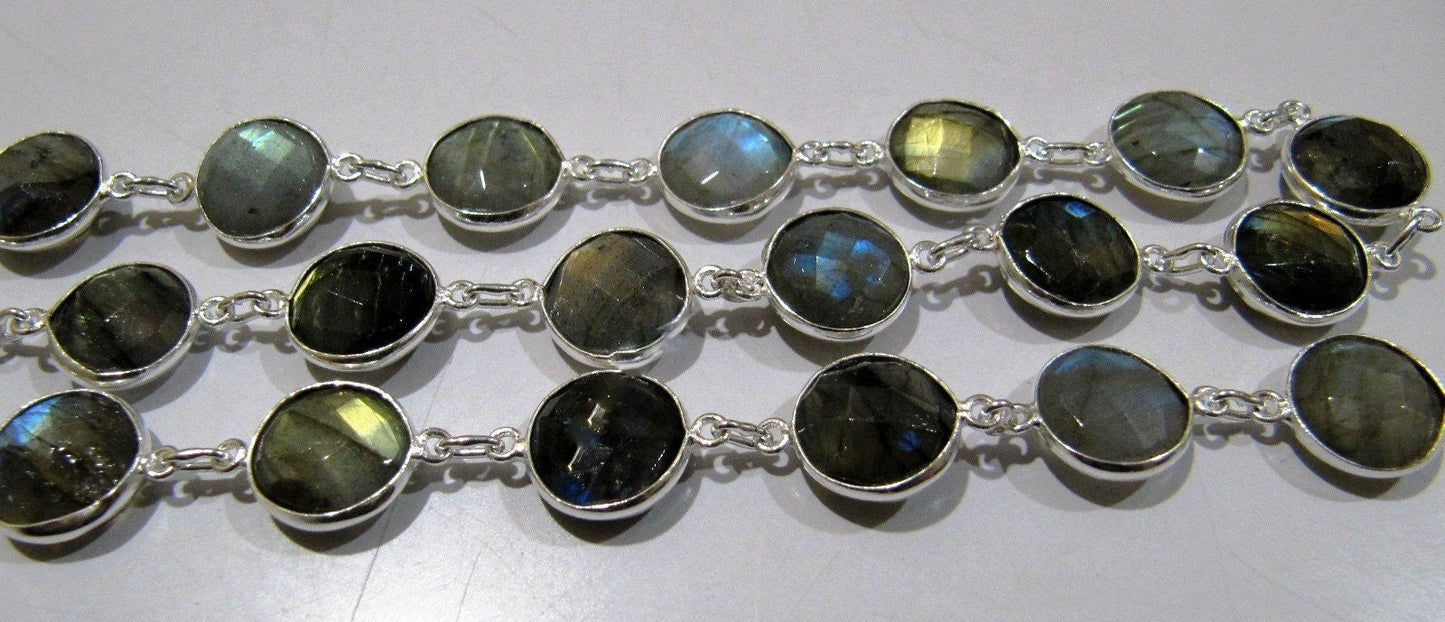 Natural Labradorite Coin Round Shape Briolette faceted Bezel Connector Chain 11mm Gold/Silver/ Black Rose Gold Plated Sold Per Foot
