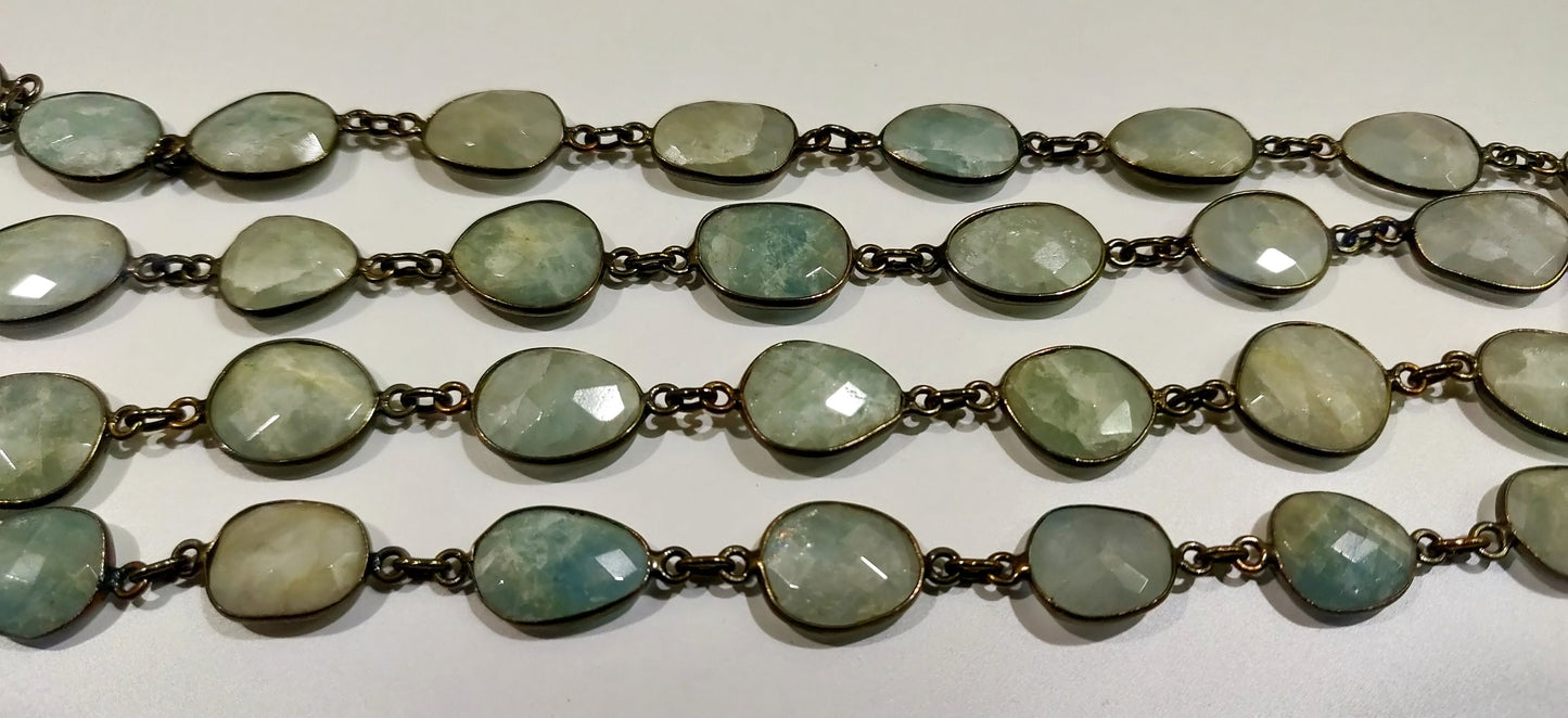 1 Foot- Natural Aquamarine Mystic Coated Briolette Connector Chain Free Shape Briolette Bezel Connector Chain 12 to 15 mm Gemstone chain