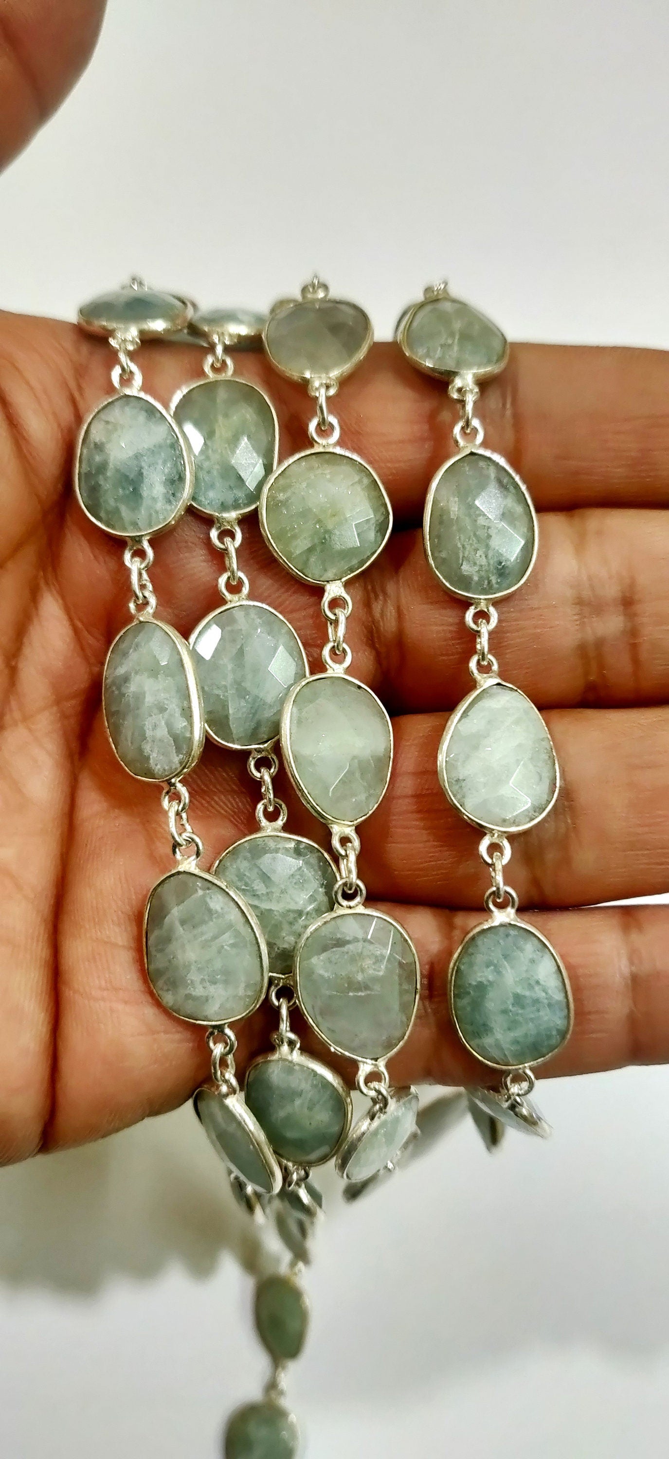 1 Foot- Natural Aquamarine Mystic Coated Briolette Connector Chain Free Shape Briolette Bezel Connector Chain 12 to 15 mm Gemstone chain