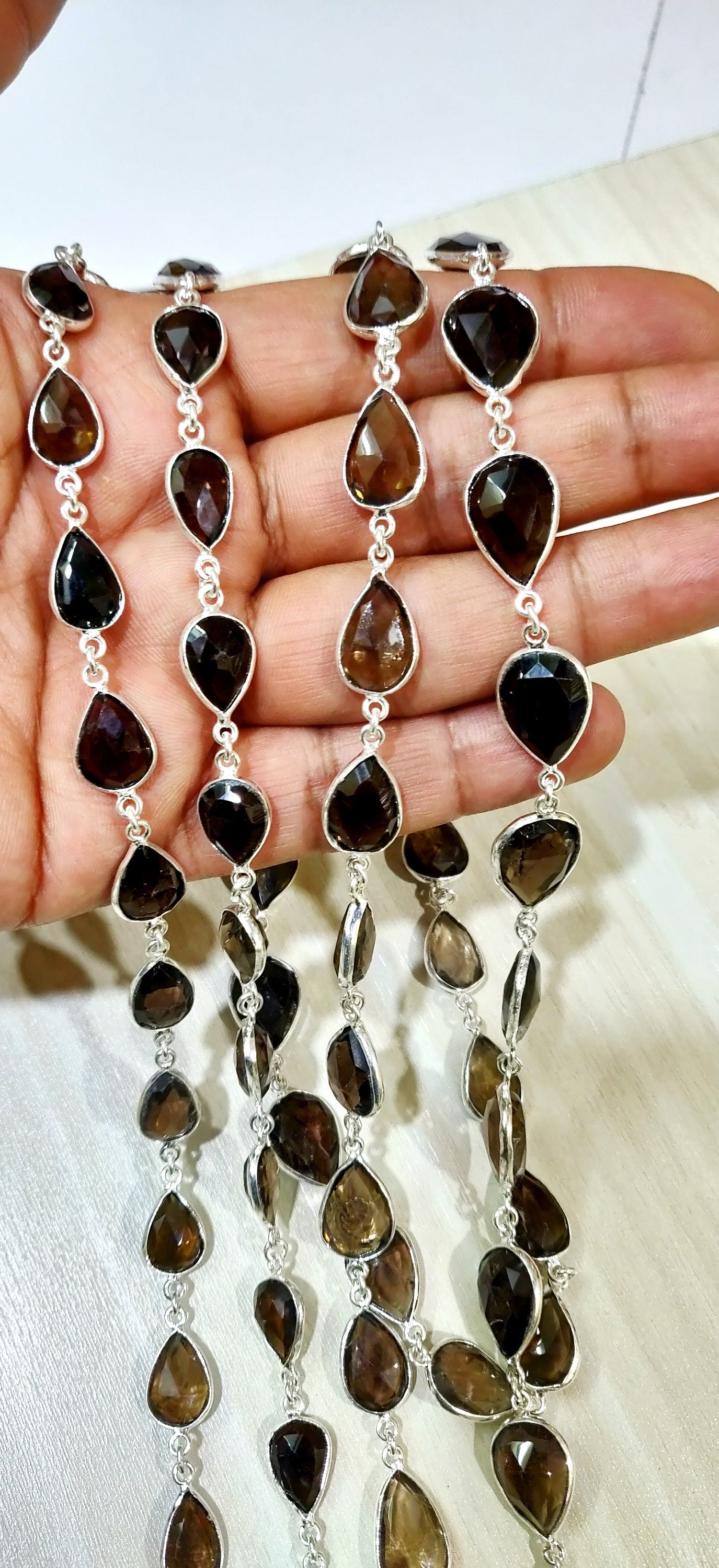 Natural Smoky Quartz Pear Shape Briolette Faceted Bezal Connector Chain 10x14mm to 12x16mm Sold Per Foot Silver Plated jewelry making Chain