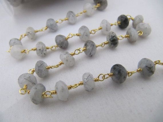 Black Rutilated Quartz Rondelle 6-8mm Briolette Faceted Beaded Rosary Chain Sold Per Foot High Quality Wholesale Prices