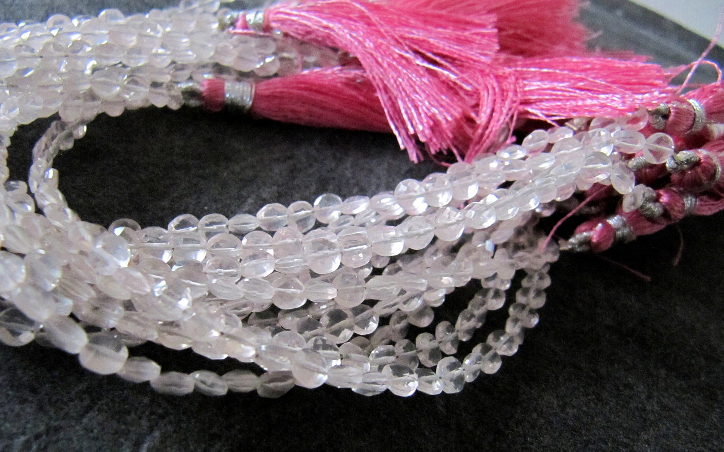 Natural Rose Quartz Faceted Coin shape briolette Beads 4.5mm Sold Per Strand 8 Inch Long 48 to 52 beads per string Wholesale Rate