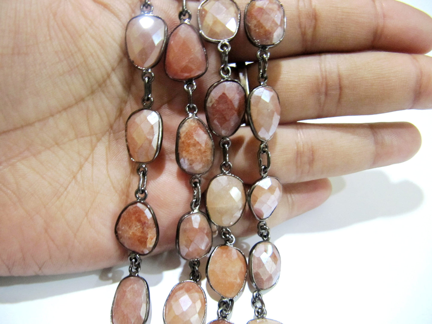 Natural Peach Moonstone AB Mystic Coated Nugget Briolette Connector Chain Uneven Free Shape 12 to 15mm Gold/Silver/Black/Rose Gold Plated