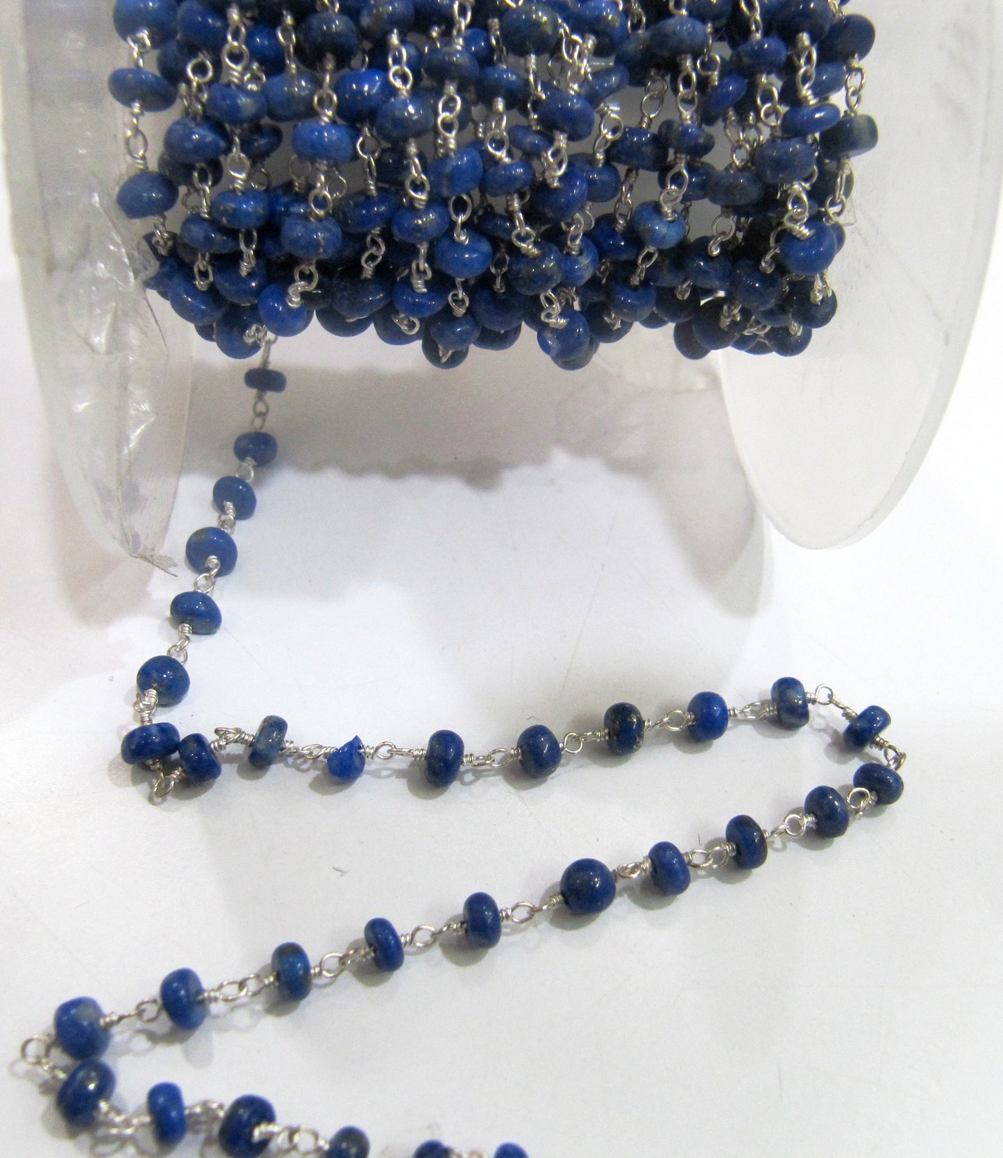 Natural Lapis Lazuli Rosary Chain Smooth Rondelle Beads 4 to 5mm Beaded Chain Wire Wrap , Jewelry Making Handmade chain sold per foot