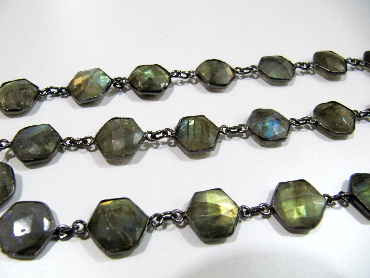 Natural Labradorite hexagon Shape Briolette faceted Bezel Connector Chain 13 to 14mm Gold/Silver/Black/Rose Gold Plated Sold Per Foot