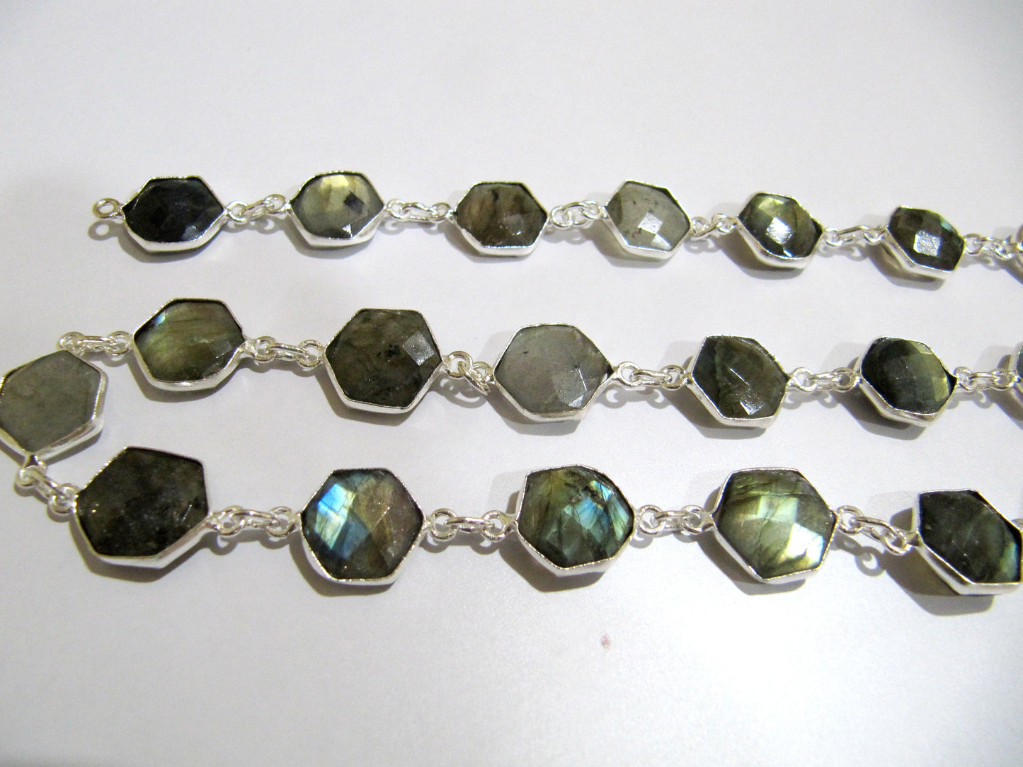 Natural Labradorite hexagon Shape Briolette faceted Bezel Connector Chain 13 to 14mm Gold/Silver/Black/Rose Gold Plated Sold Per Foot