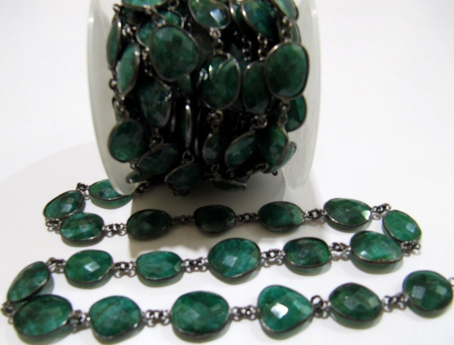Emerald Briolette Connector Chain 12 to 15mm Gemstone Bezel Uneven Shape Handmade Link Chain sold Per foot