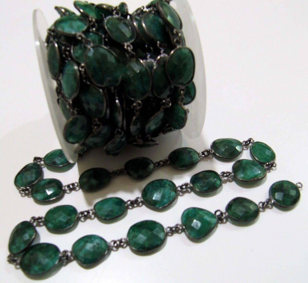 Emerald Briolette Connector Chain 12 to 15mm Gemstone Bezel Uneven Shape Handmade Link Chain sold Per foot