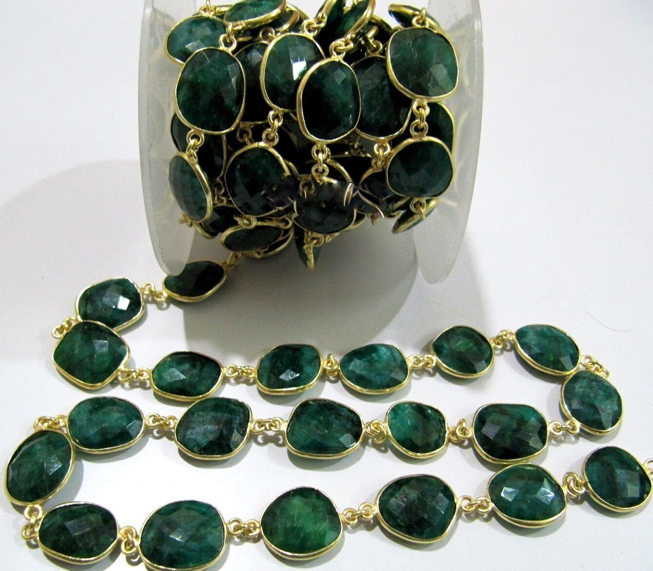 Emerald Briolette Connector Chain 12 to 15mm Gemstone Bezel Uneven Shape Handmade Link Chain sold Per foot