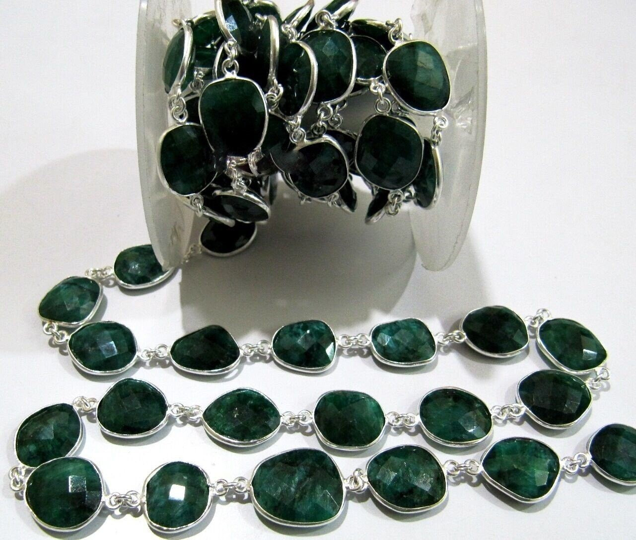 Emerald Briolette Connector Chain 12 to 15mm Gemstone Bezel Uneven Shape Handmade Link Chain sold Per foot