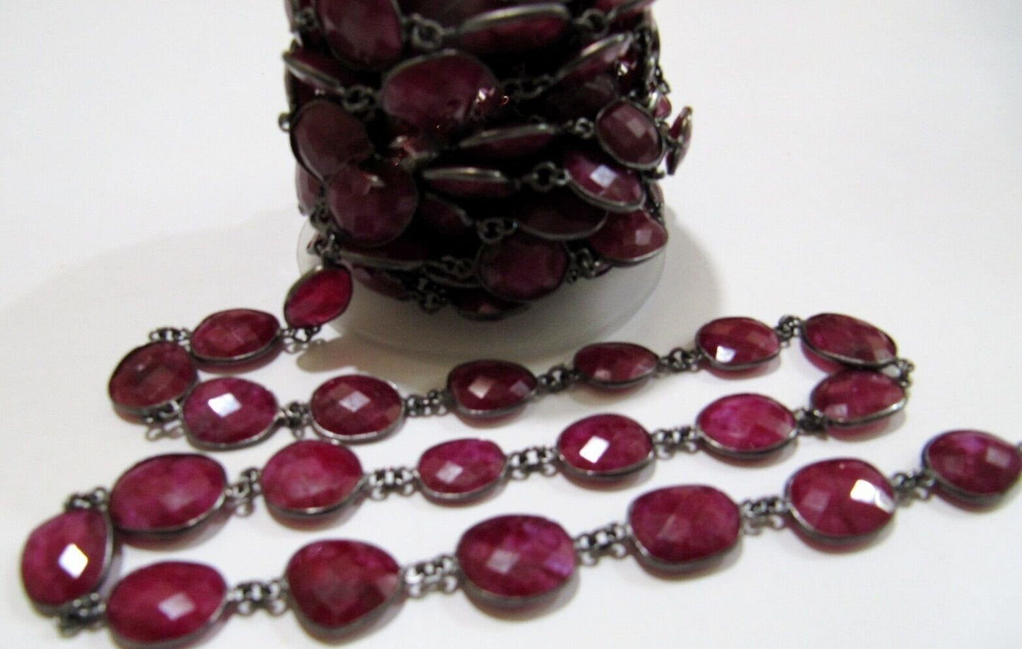 1 Foot- Ruby Uneven Shape Briolette Connector Chain / 12x15mm approx. Rose/Gold/Silver/Black Plated Gemstone Bezel Chain - Wholesale Price