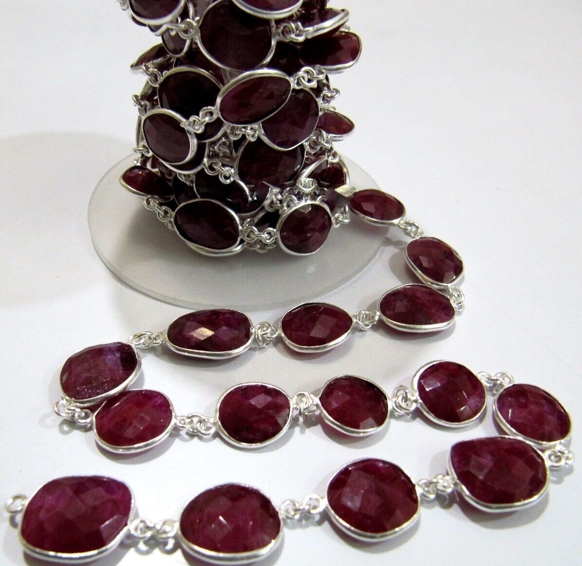 1 Foot- Ruby Uneven Shape Briolette Connector Chain / 12x15mm approx. Rose/Gold/Silver/Black Plated Gemstone Bezel Chain - Wholesale Price