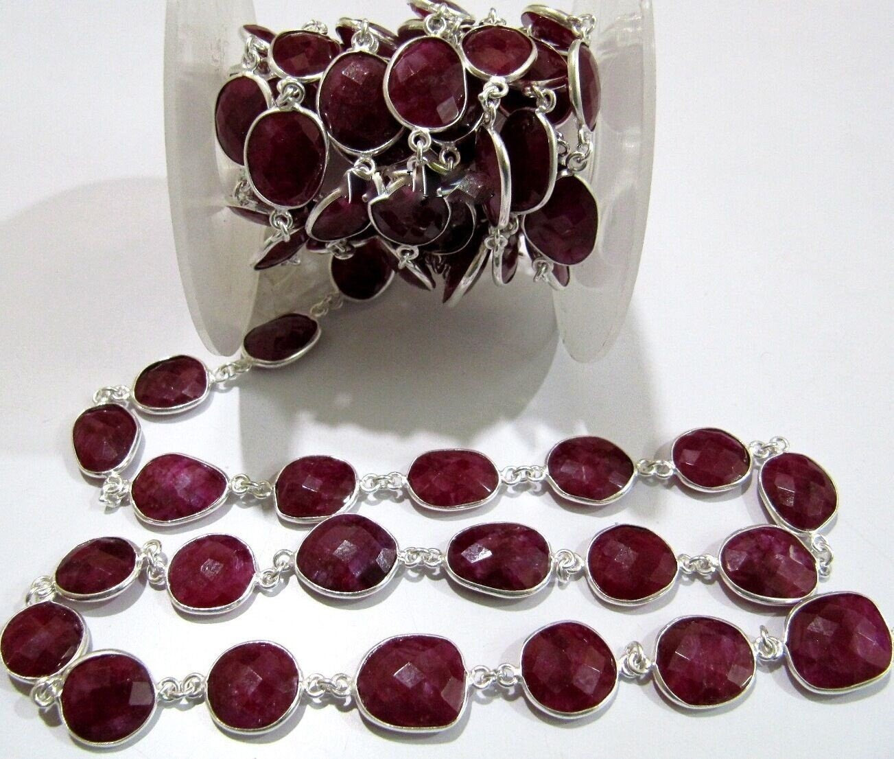 1 Foot- Ruby Uneven Shape Briolette Connector Chain / 12x15mm approx. Rose/Gold/Silver/Black Plated Gemstone Bezel Chain - Wholesale Price