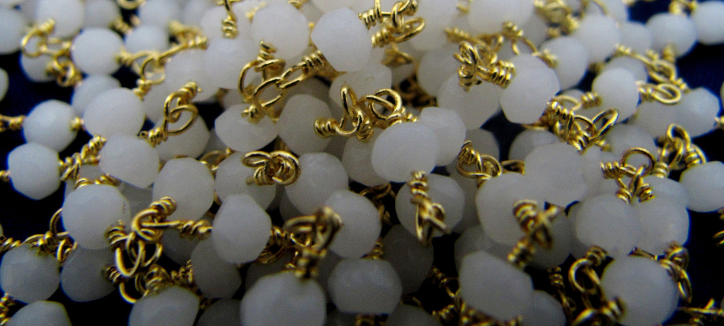 3- Feet Natural White Agate Rondelle Faceted Size 3-4mm wire wrapped Beaded Rosary Chain Wholesale Prices Jewelry Making Gemstone chain