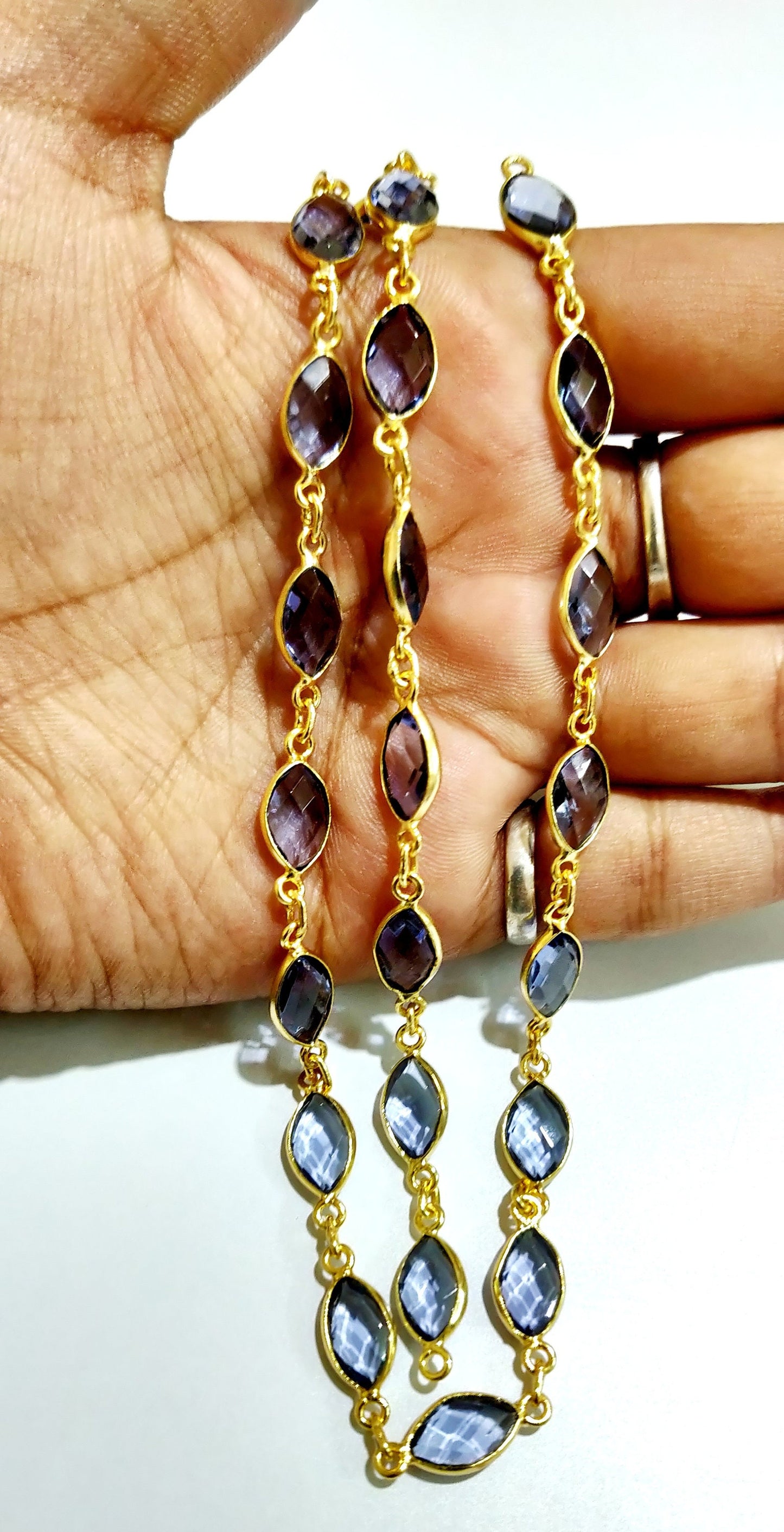 Iolite Hydro Quartz Marquise Shape Size 6x11mm Laser Cut Briolette Connector Chain Gold Plated Sold Per Foot Wholesale Prices