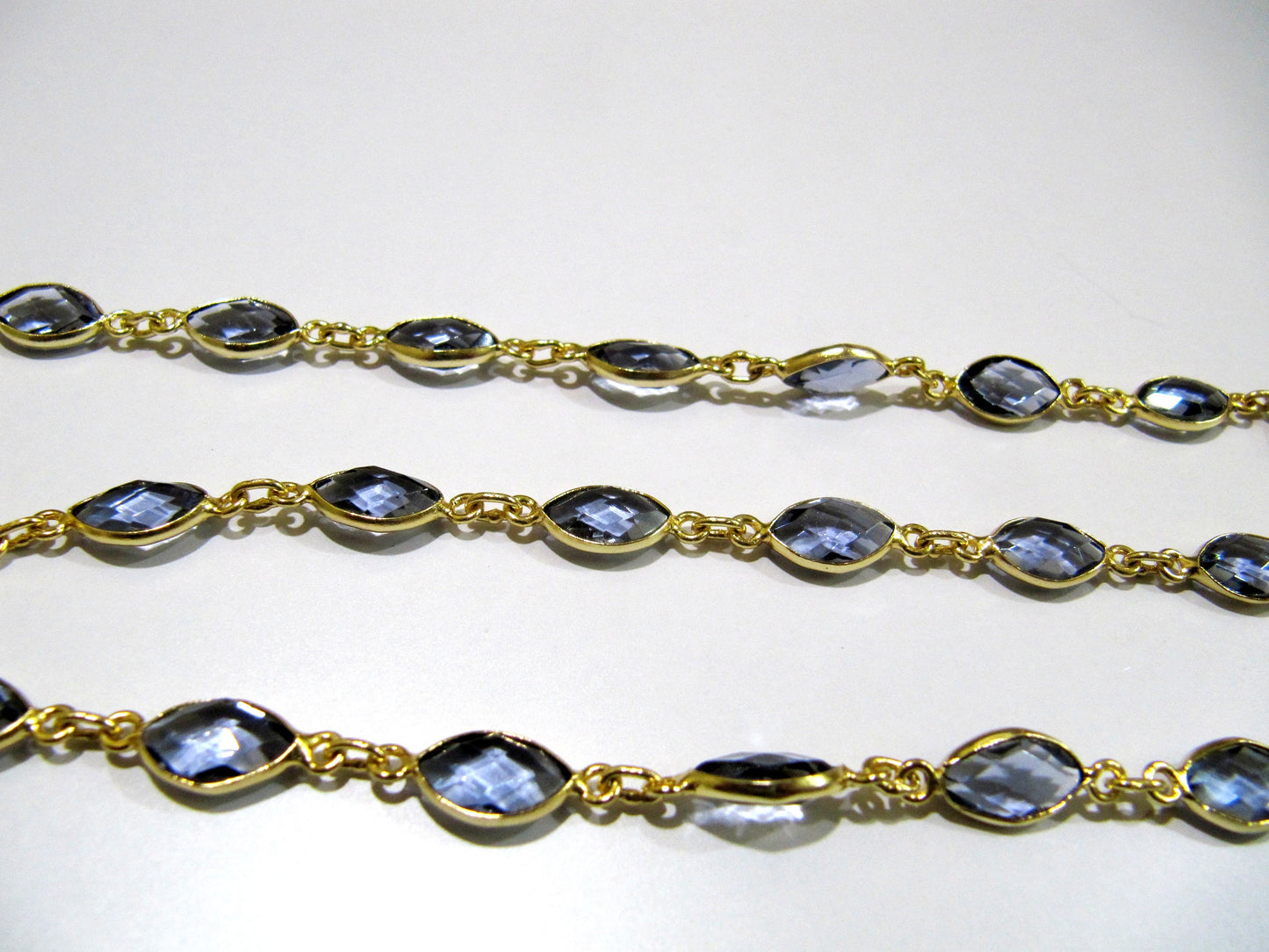 Iolite Hydro Quartz Marquise Shape Size 6x11mm Laser Cut Briolette Connector Chain Gold Plated Sold Per Foot Wholesale Prices
