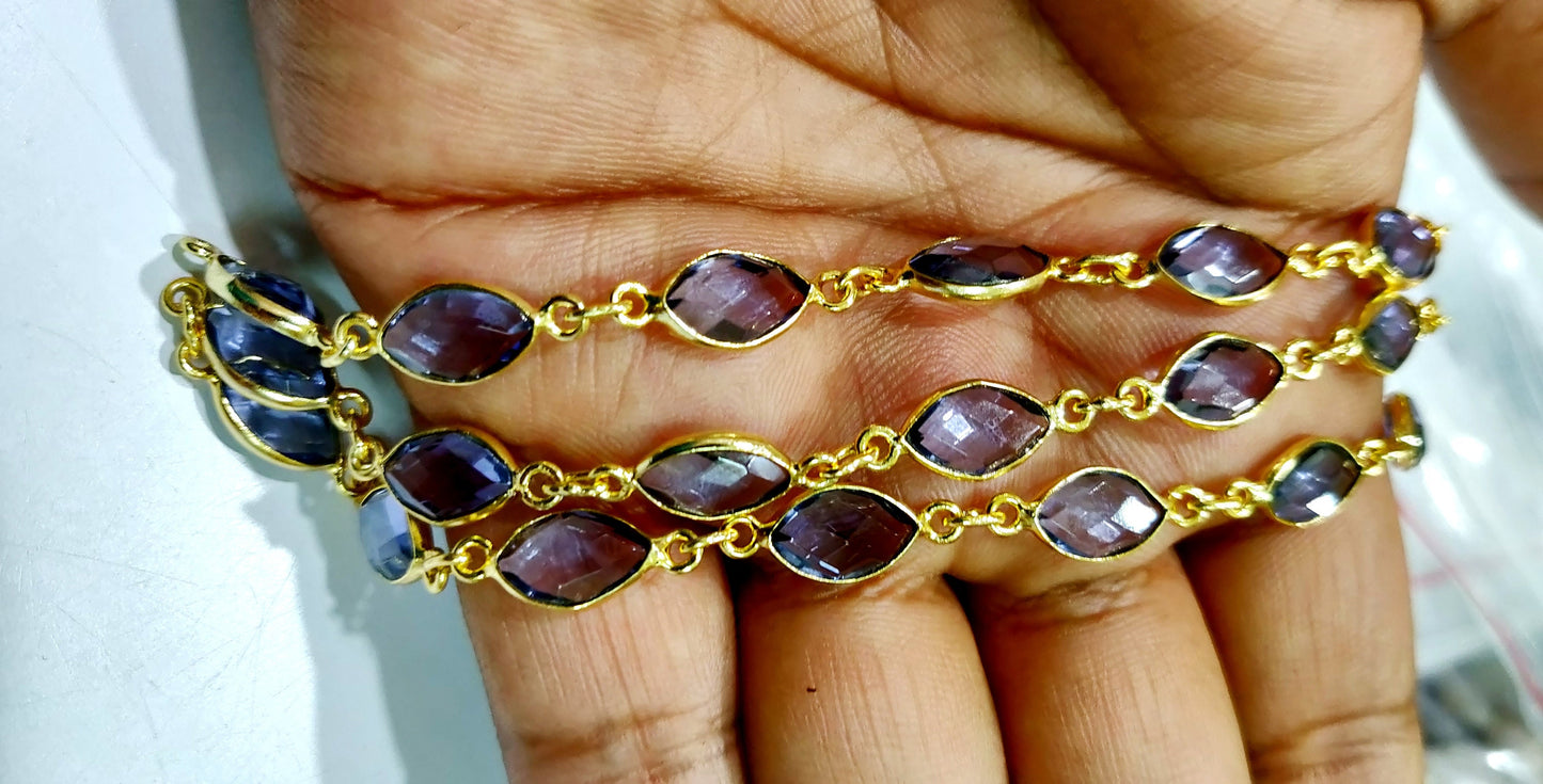 Iolite Hydro Quartz Marquise Shape Size 6x11mm Laser Cut Briolette Connector Chain Gold Plated Sold Per Foot Wholesale Prices