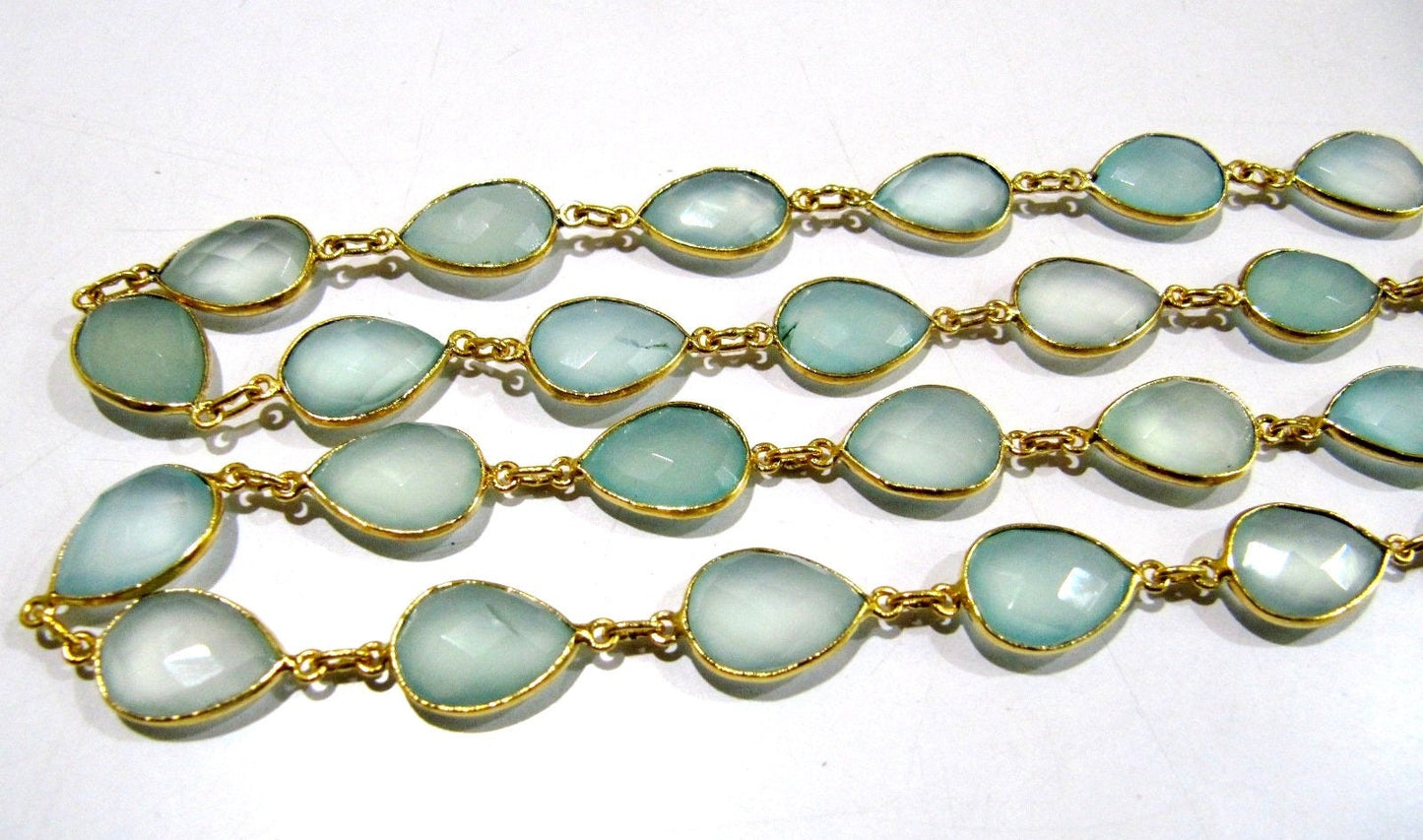 Natural Aqua Chalcedony Pear Shape Briolette Faceted Bezel Connector Chain 10x15mm High Quality Wholesale Sold per foot