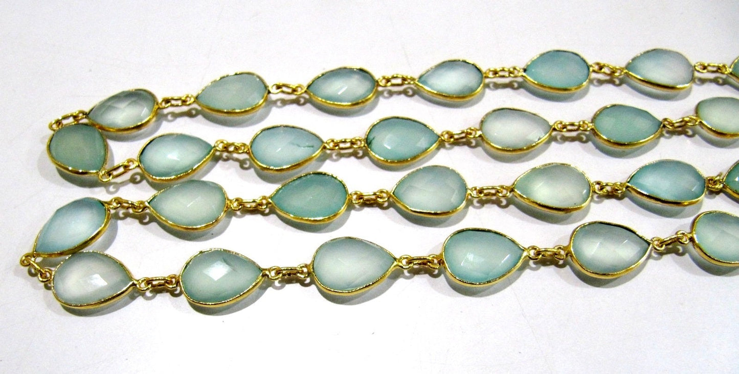 Natural Aqua Chalcedony Pear Shape Briolette Faceted Bezel Connector Chain 10x15mm High Quality Wholesale Sold per foot