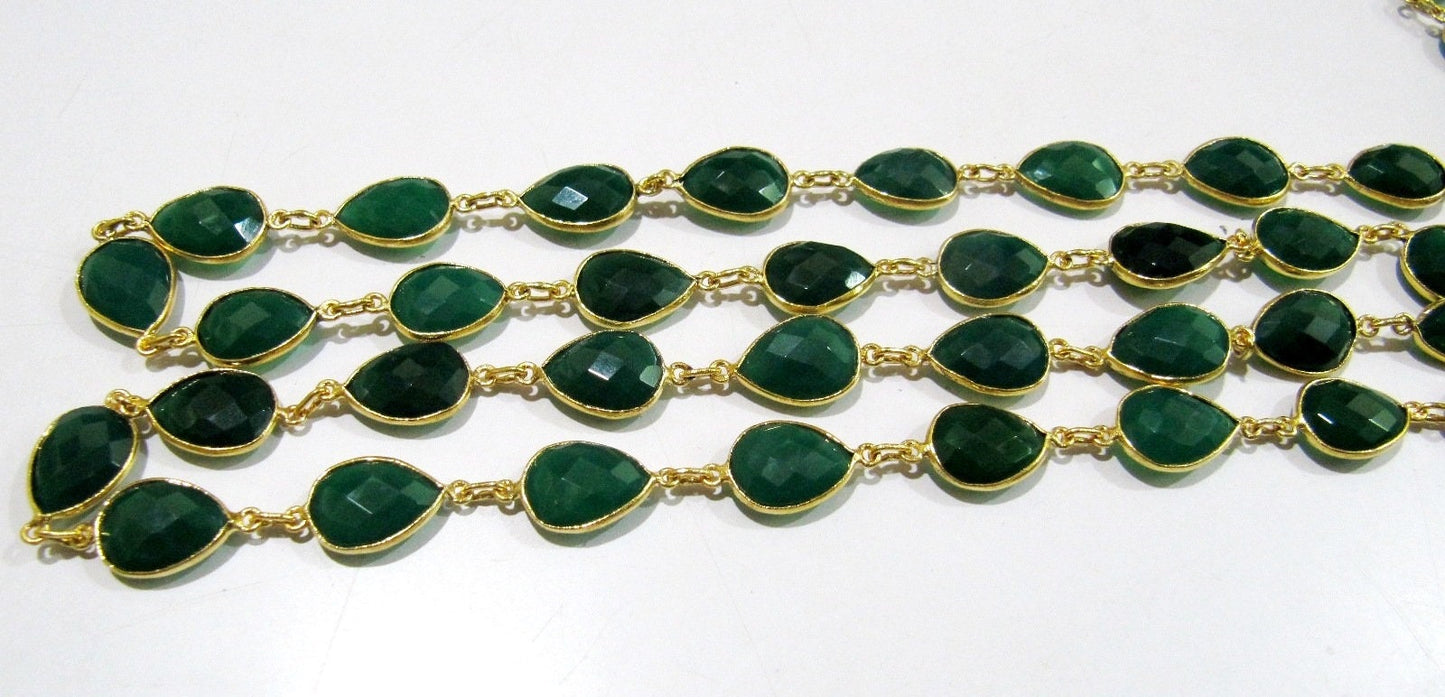 3 Feet-Natural Green Onyx Pear Shape Briolette Faceted Bezel Connector Chain 10x15mm Gold/Silver/Rose Gold/Black Plated Wholesale price