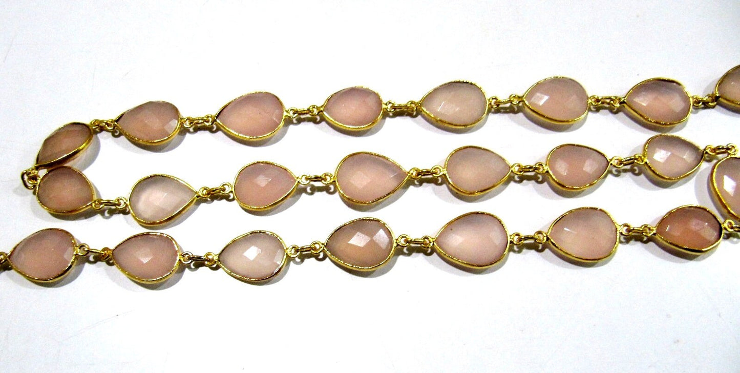 Natural Pink Chalcedony Pear Shape Briolette Faceted Bezel Connector Chain 10x15mm Gold/Silver/Rosegold/Black Plated sold per foot