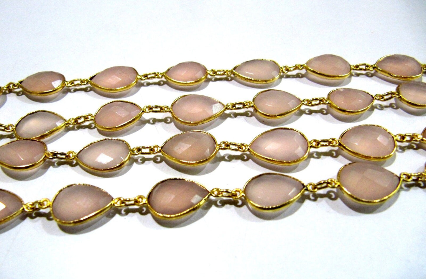 Natural Pink Chalcedony Pear Shape Briolette Faceted Bezel Connector Chain 10x15mm Gold/Silver/Rosegold/Black Plated sold per foot