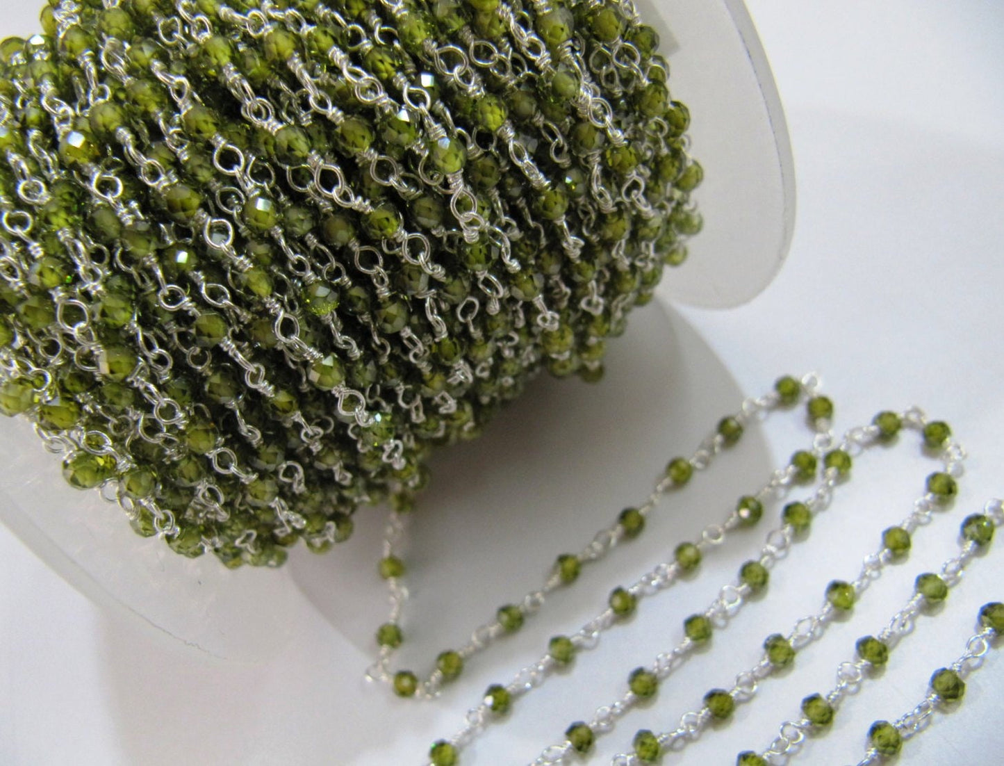 3 Ft-Beautiful CZ Rosary Chain Olive Green Color 3mm Heena color Cubic Zirconia Wire Wrapped Beaded Chain Wholesale Prices Crystal chain